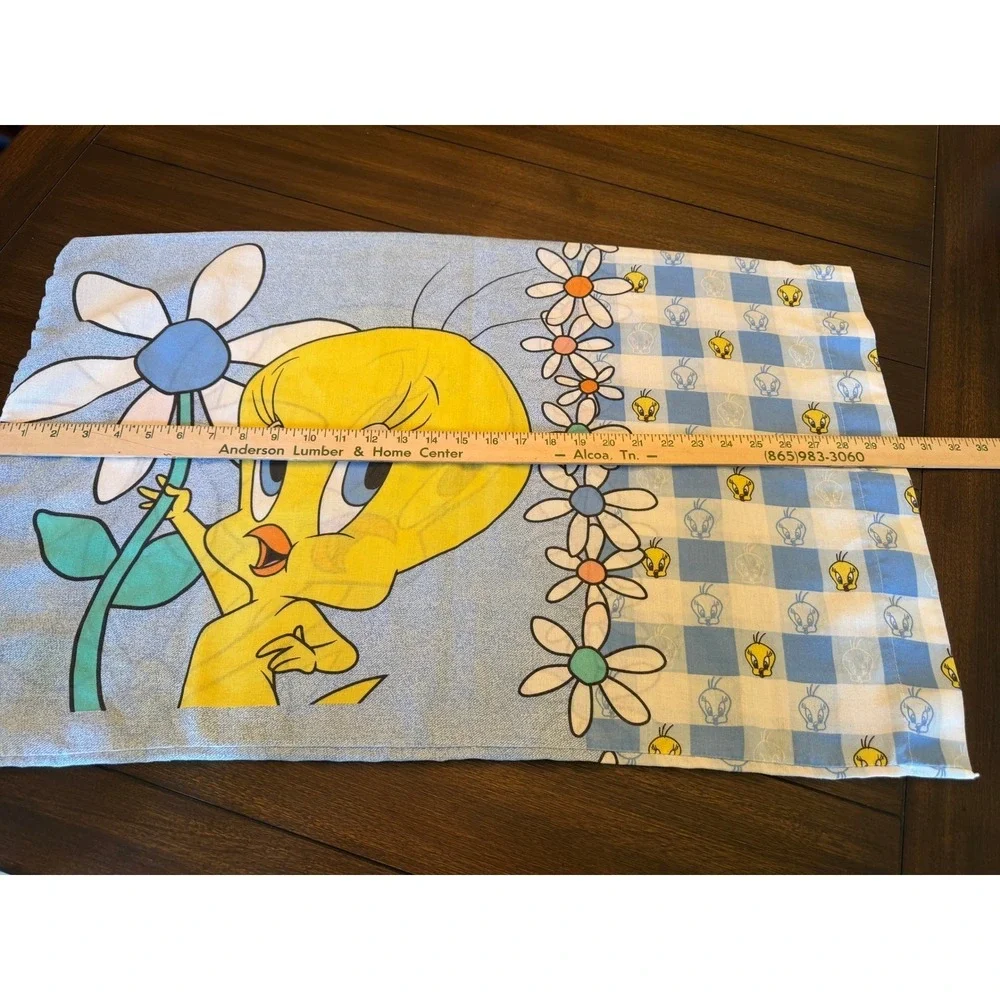 Vtg Looney Tunes Tweety Bird Daisy Gingham Pillowcase 90s Cartoon